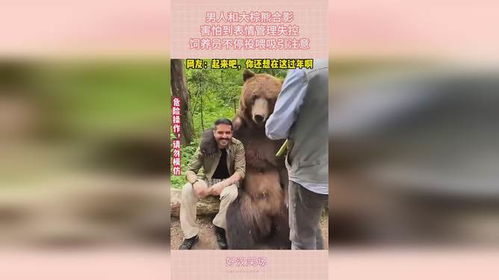 男人和大棕熊合影,害怕到表情管理失控,饲养员不停投喂吸引注意